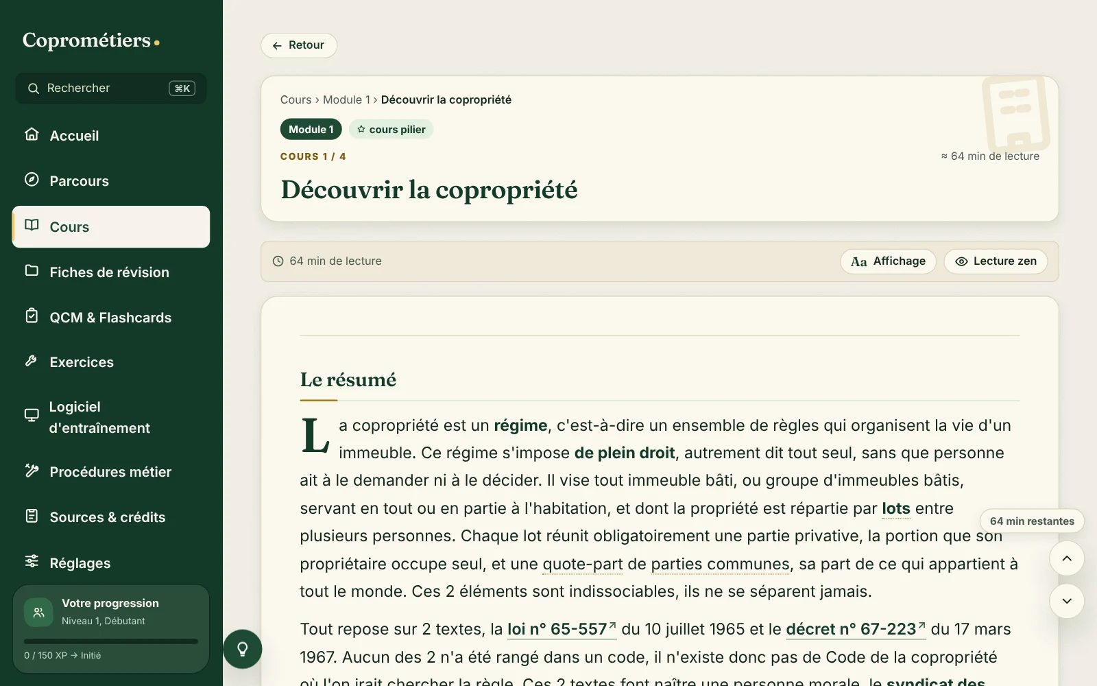 La liste des cours, rangés par compétence