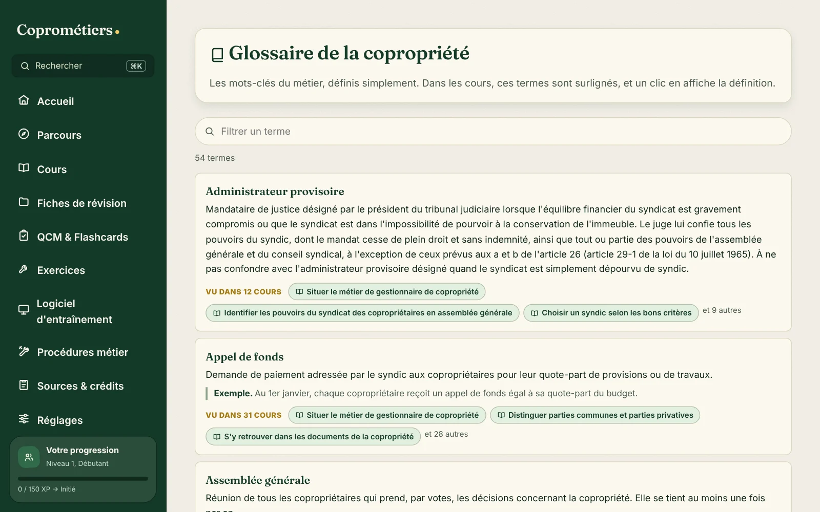 Le glossaire de la copropriété, ouvert dans l'application