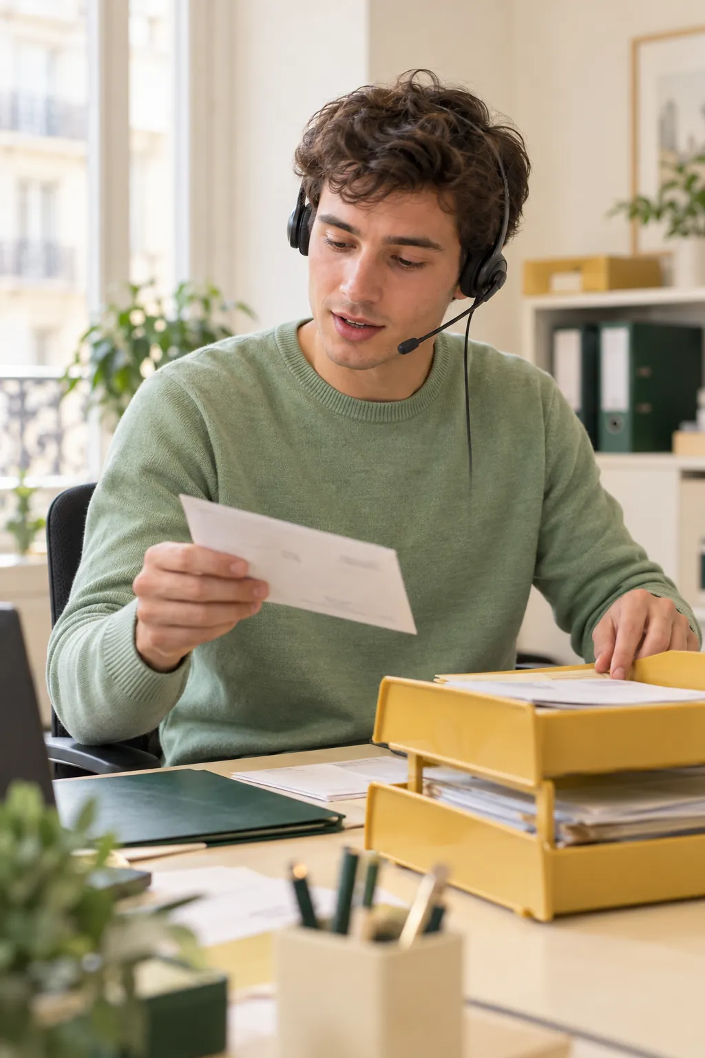 Un assistant de copropriété répond à un copropriétaire au téléphone en classant le courrier