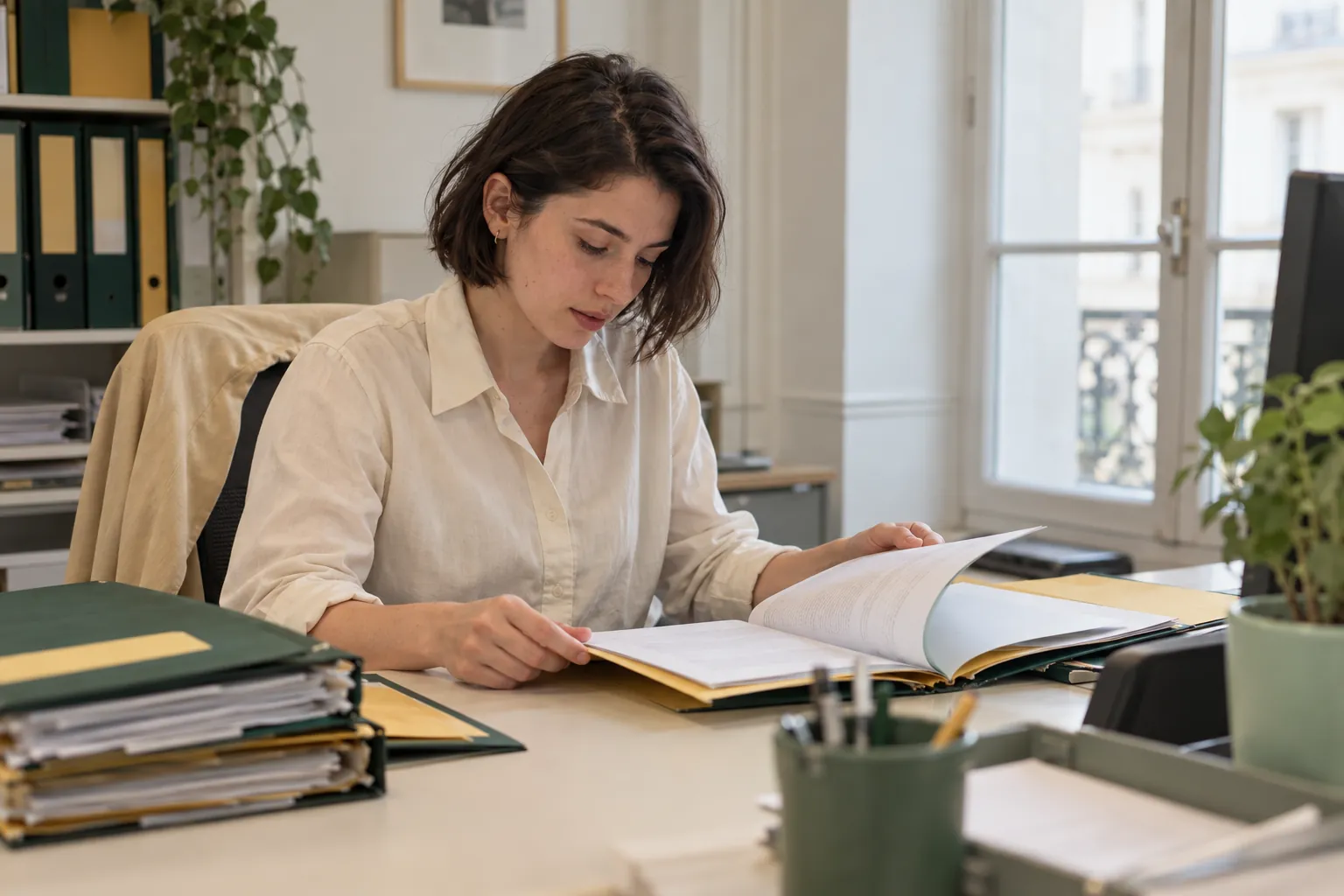 Une assistante de copropriété consulte un dossier d'immeuble à son bureau