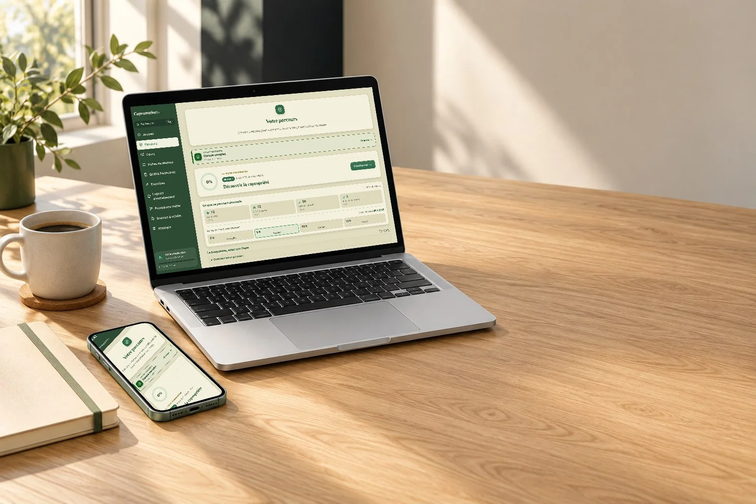 Un bureau avec un ordinateur portable et un téléphone ouverts sur la formation en copropriété
