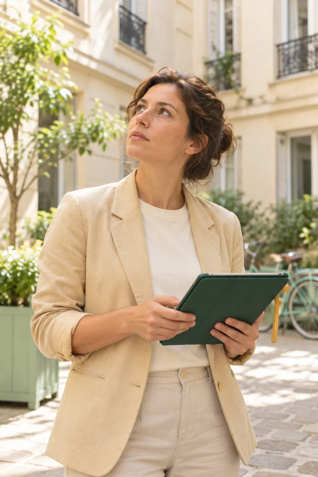 Une gestionnaire de copropriété contrôle la façade depuis la cour de l'immeuble