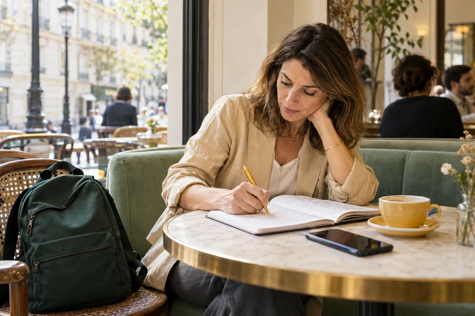 Une femme en reconversion révise la gestion de copropriété dans un café parisien
