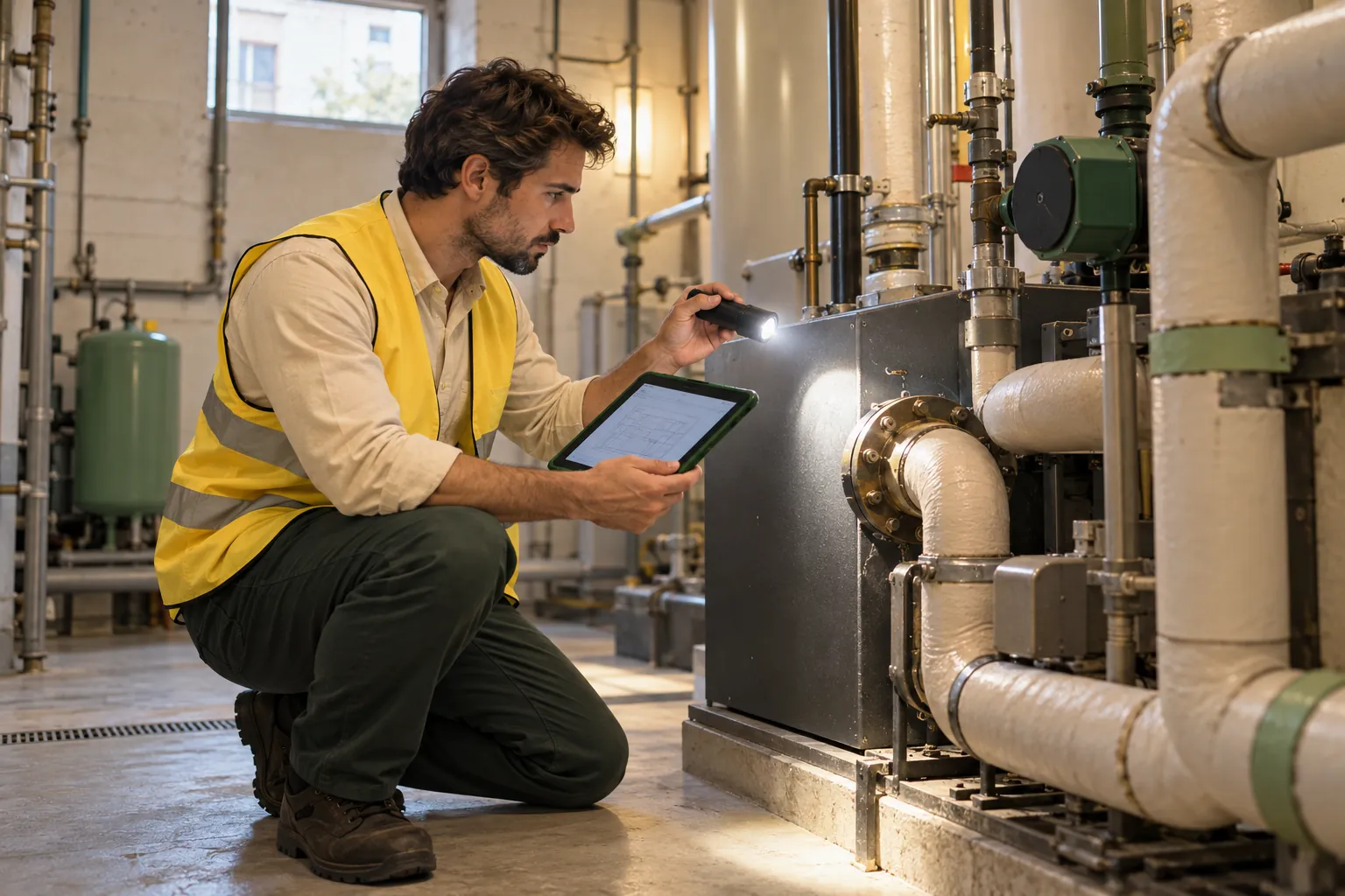 Un gestionnaire de copropriété en visite technique dans la chaufferie d'un immeuble