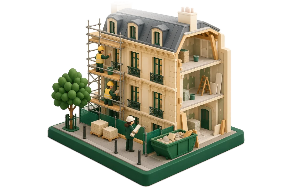 Truelle, briques et niveau, entretien du bâti